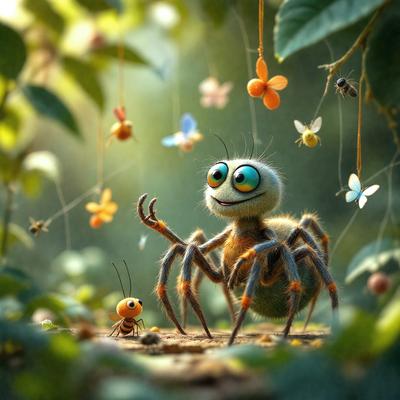 The primary subject of the image is a spider with a funny face, standing on a branch in a forest. The setting is a lush green forest with a variety of flowers and insects, creating a vibrant and colorful atmosphere. The visual style is a combination of photo and digital art, giving the image a unique and creative appearance. The colors and mood are predominantly green and cheerful, with the spider's funny face adding a touch of humor to the scene.